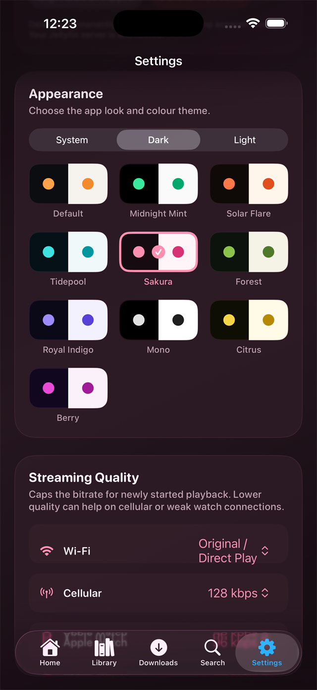 JellyAmp appearance settings, ten colour themes